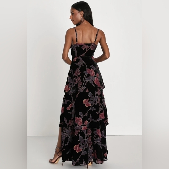 Lulus I Love You Amore Black Floral Velvet Tiered Maxi Dress M Wedding Party - Picture 4 of 11